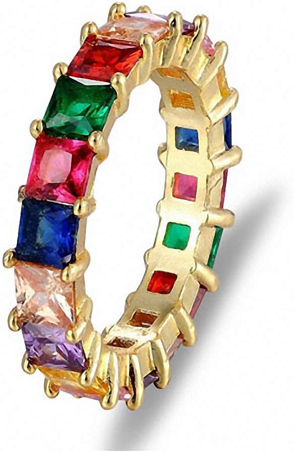 Ronliy Thin Baguette Rainbow Gold Ring for Wedding Band Charm Jewelry