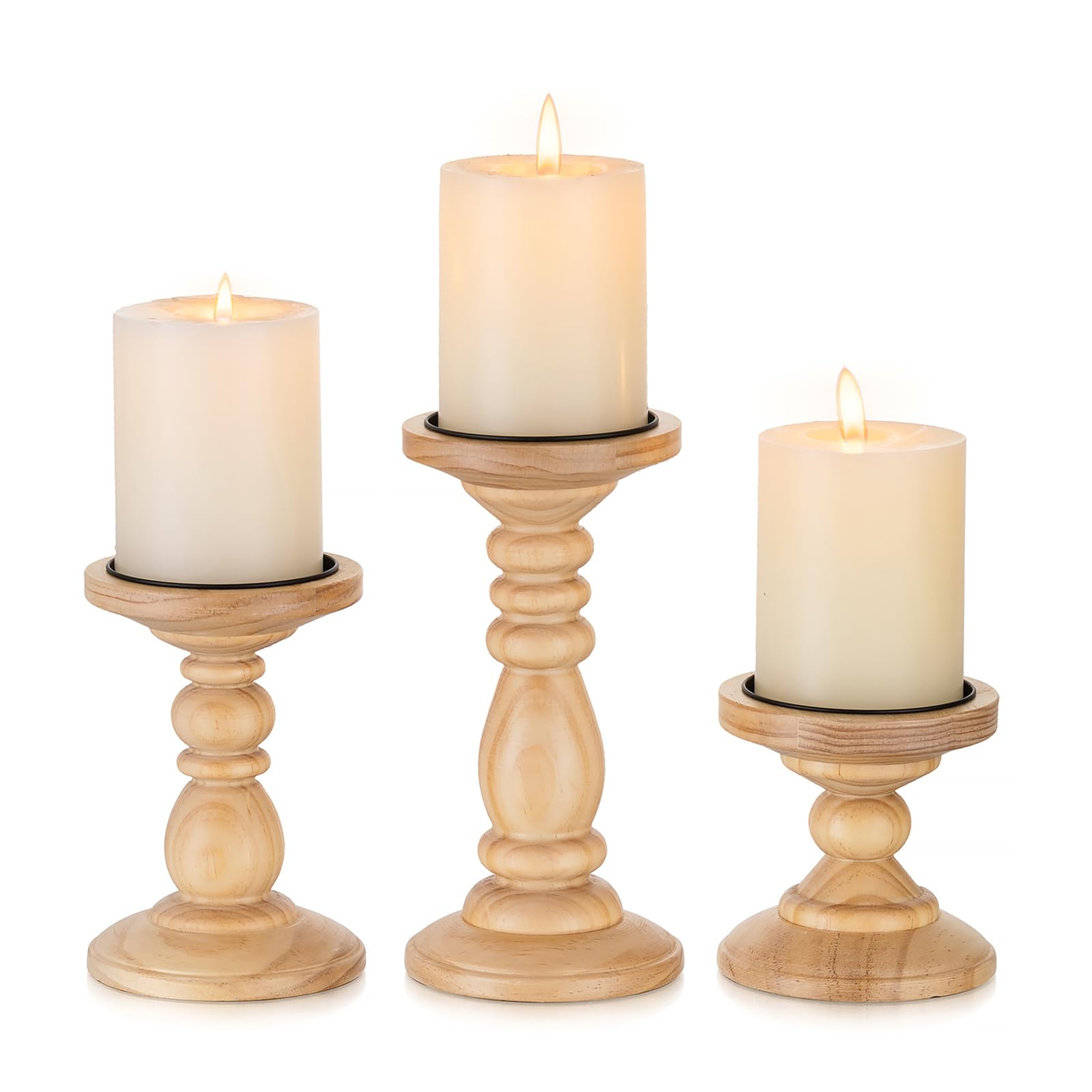 Inweder Wood Candle Holders for Pillar Candles: 3 pcs Plain Wood Rustic Candle Holders Distressed Wooden Farmhouse Candleholder Tall Pillar Candle Holder Stand for Fireplace Party Event Home Decor