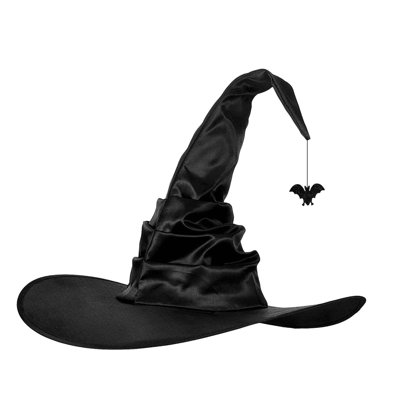 Halloween Witch Hat Pleated Wizard Cap Elegant Witches Costume Accessories Witch Cap with Bat Pointed Wizard Hats Wide Brim Witches Hat for Women Girls Halloween Party Carnival Cosplay Fancy Dress