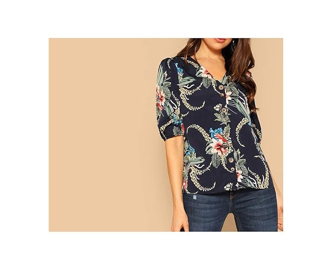 Navy Botanical Print Button Up Blouse Ladies Summer Casual Half