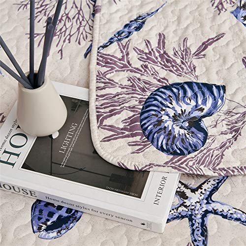 3-Piece Coastal Antique Quilt Set Twin Size,Tropical Seashells Sea Fan Starfish Coral in Offwhite Background, Nautical Quilted Bedspread Coverlet Bedding Set Bedroom Decor for All Seasons (Blue,Twin)