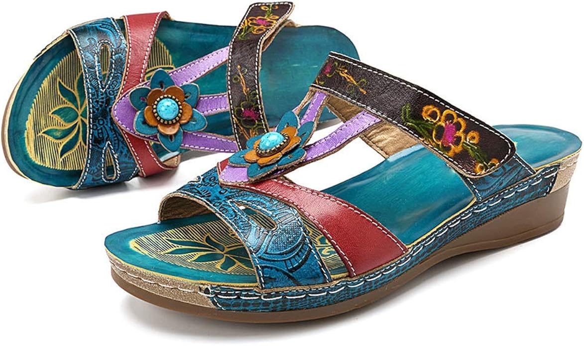 Sandals Womens Wedge Platform Summer Leather Bohemian Handmade Flower