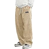Hidkat Mens Corduroy Casual Pants Fashion Loose Fit Wide Leg Pants Straight Sweatpants Elastic Waist Drawstring