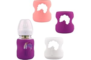 HUAKENER 3 Pack Silicone Sleeves for Dr. Brown's Natural Glass Baby Bottles, Anti Breakage Baby Bottle Holder, Compatible Dr. Brown Wide-Neck Glass Baby Bottles 5 oz (White+Pink+Purple)