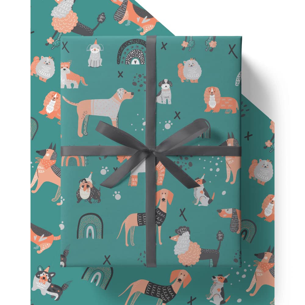 4 x Dog Wrapping Paper - HUGE 43% BIGGER [84cm x 60cm] Premium Eco Gift Wrap for Birthday Celebration for Men, Women or Kids who love Dogs (4 Sheets & 4 Tags)