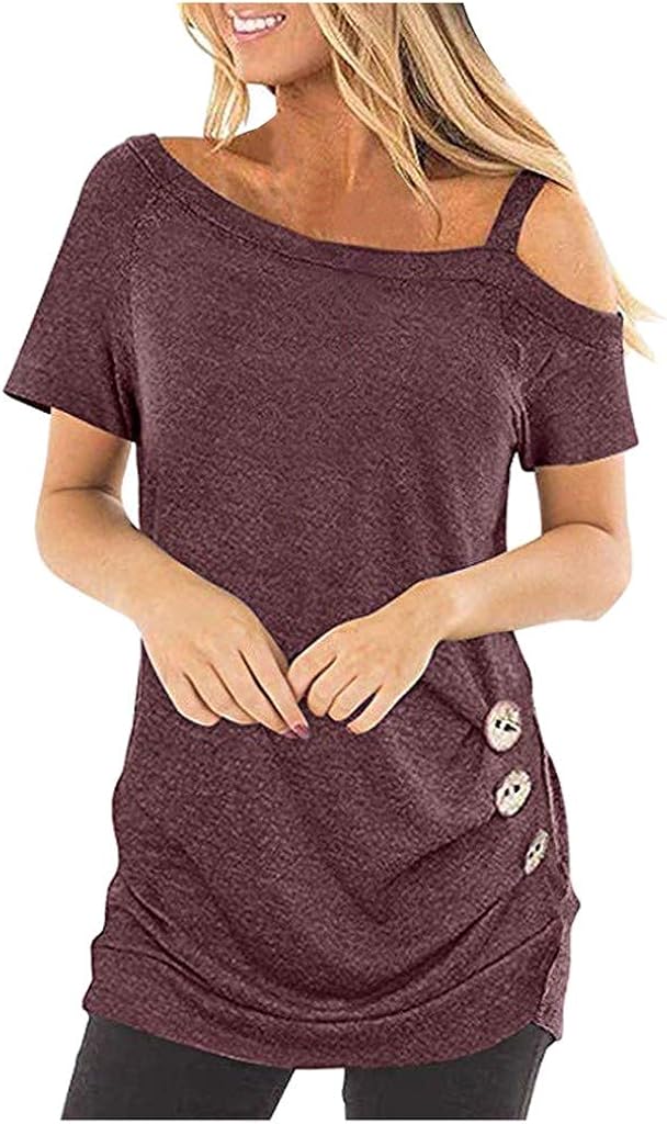 LEKODE Women T-Shirt Solid Casual Tee Fashion Button Blouse