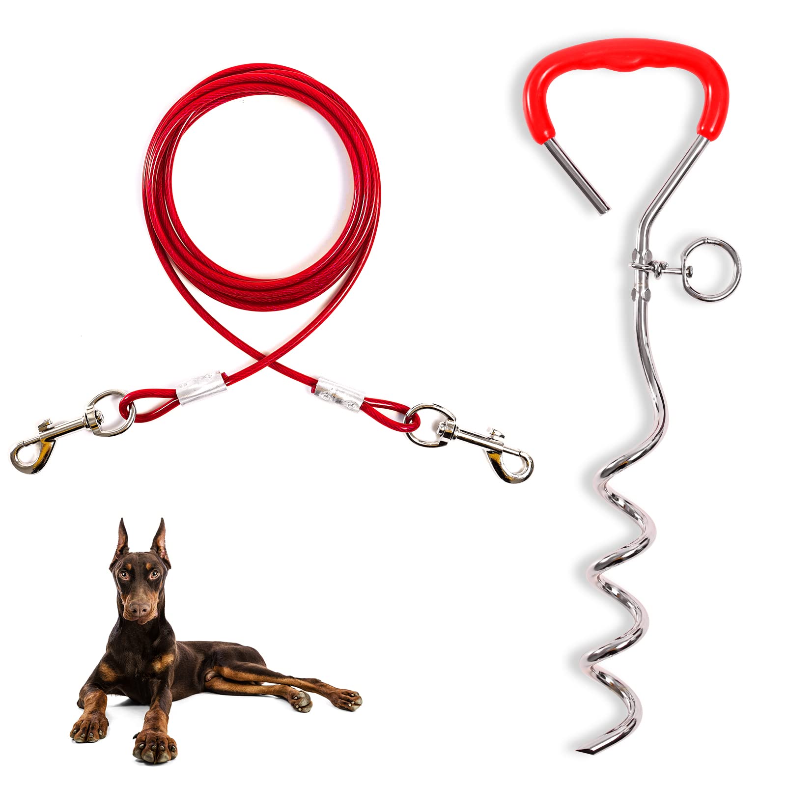 JETOP Heavy Duty Dog Stake & 10 ft Dog Chains, Steel Spiral Ground Dog Spike for Outdoor Yard and Camping, Dog Camping Accessories for Puppy Pet and Medium Dogs (176 lbs of pull) (Red)