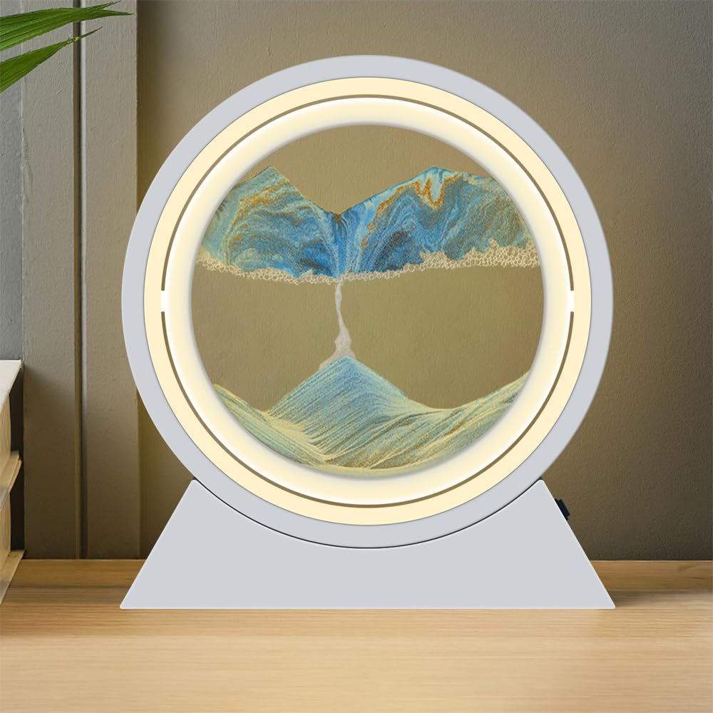 HONPHIER Moving Sand Art Pictures LED Sand Art Lamp 360° Rotating 3D Deep Sea Sandscape Round Glass Flowing Sand Painting Home Office Work Relaxing Desktop Decorations (Blue)
