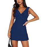 OWIN Women's Sexy V Neck Sleeveless Mesh Ruffles Cocktail Mini Dresses Backless Bodycon Short Club Party Dress
