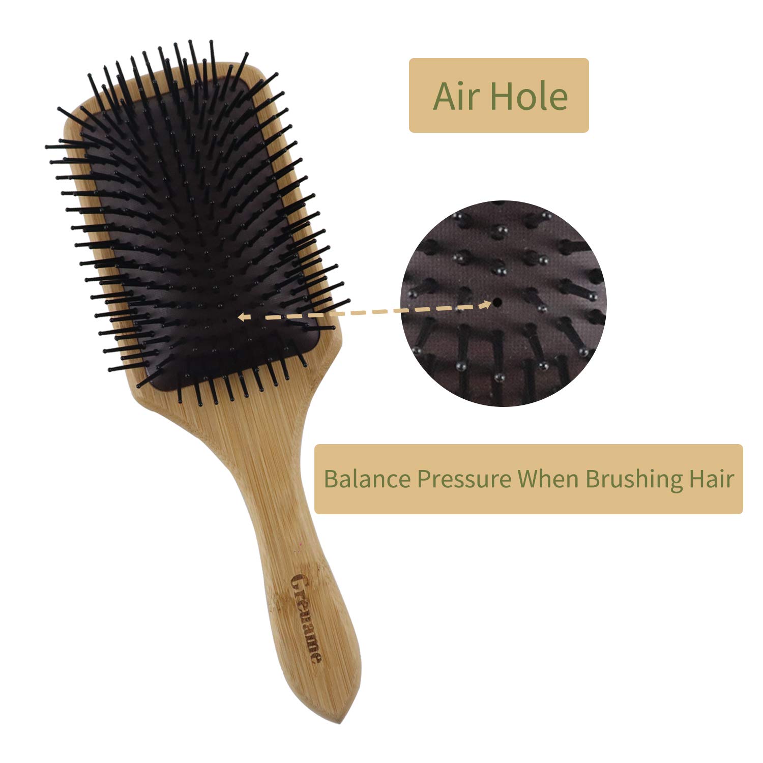 Greuame Hair Brush-Natural Bamboo Wooden Paddle with Ball-Tipped Bristles Detangle Brush for Women, Men and Kids All Hair Types, Massage Scalp Reduce Frizz Improve Hair Texture