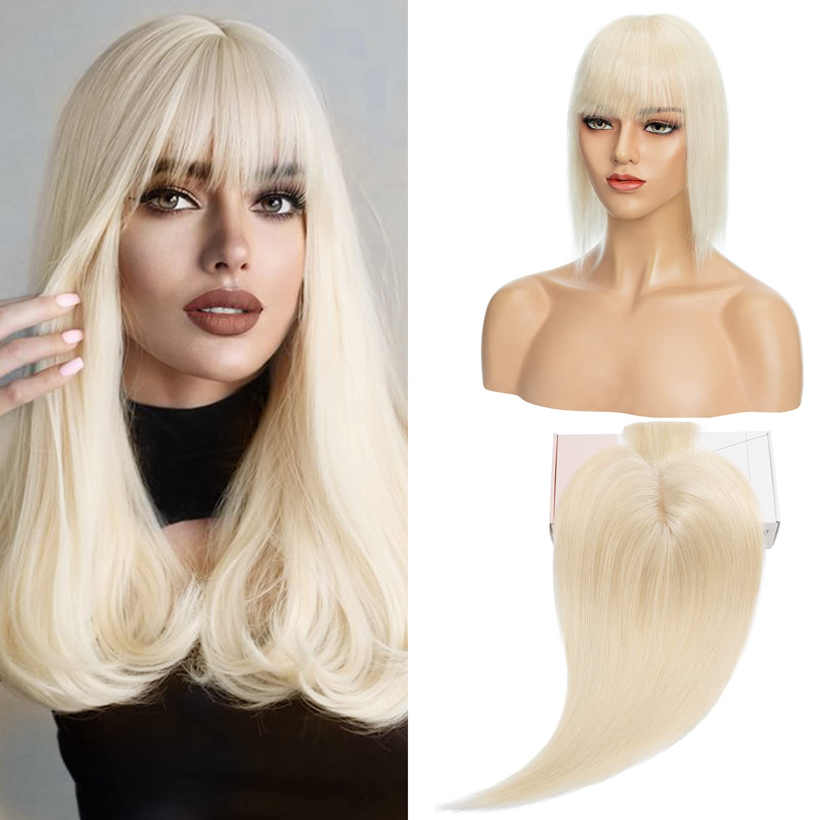 S-noilite Human Hair Toppers With Bang for Thinning Hair Women Real 130% Density Hair Topper Clip In Hair Extensions 100% Remy Real Human Hair 30g（#60 Platinum Blonde, 8 Inch) — image 1