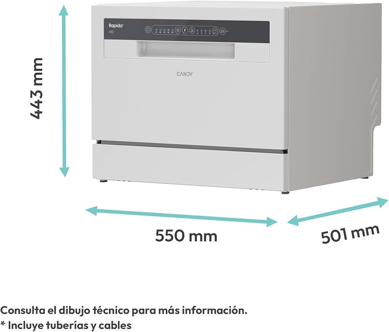 CP 6E51LW Lavavajillas de sobremesa Pequeño y Compacto, 6 Servicios, Digital, 51DBA, 5 Ciclos, Media Carga, Inicio Diferido, Indicador Sal y Abrillantador, Indicador Fin de Ciclo, Blanco