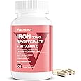 Iron Bisglycinate Supplement for Women & Men - 30mg Iron Pills with Vitamin C, B12, Folic Acid - Chelated Iron for Anemia, Health Blood - High Absorption, Gluten-Free, Non-GMO - 60 Vegan Caps