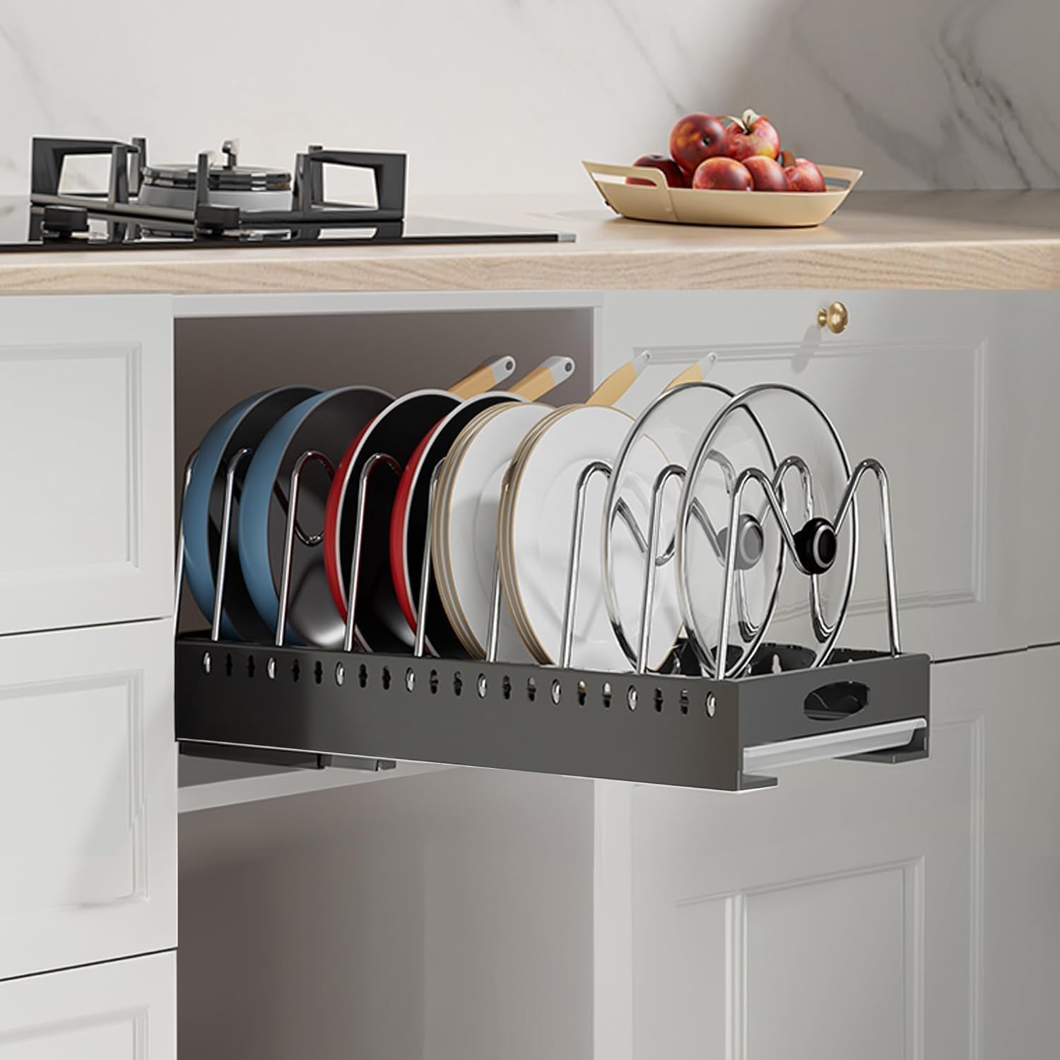 Photo 1 of Bealy Under Cabinet Pot and Pan Organizer - Adjustable Dividers, Slide Out Pot Lid Holder for Kitchen Cabinet Storage