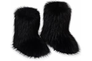 QMFUR Women's Furry Faux Fur Boots Fuzzy Fluffy Mid Calf Snow Boots Suede Warm Fur Lined Booties Flat Fashion Boots