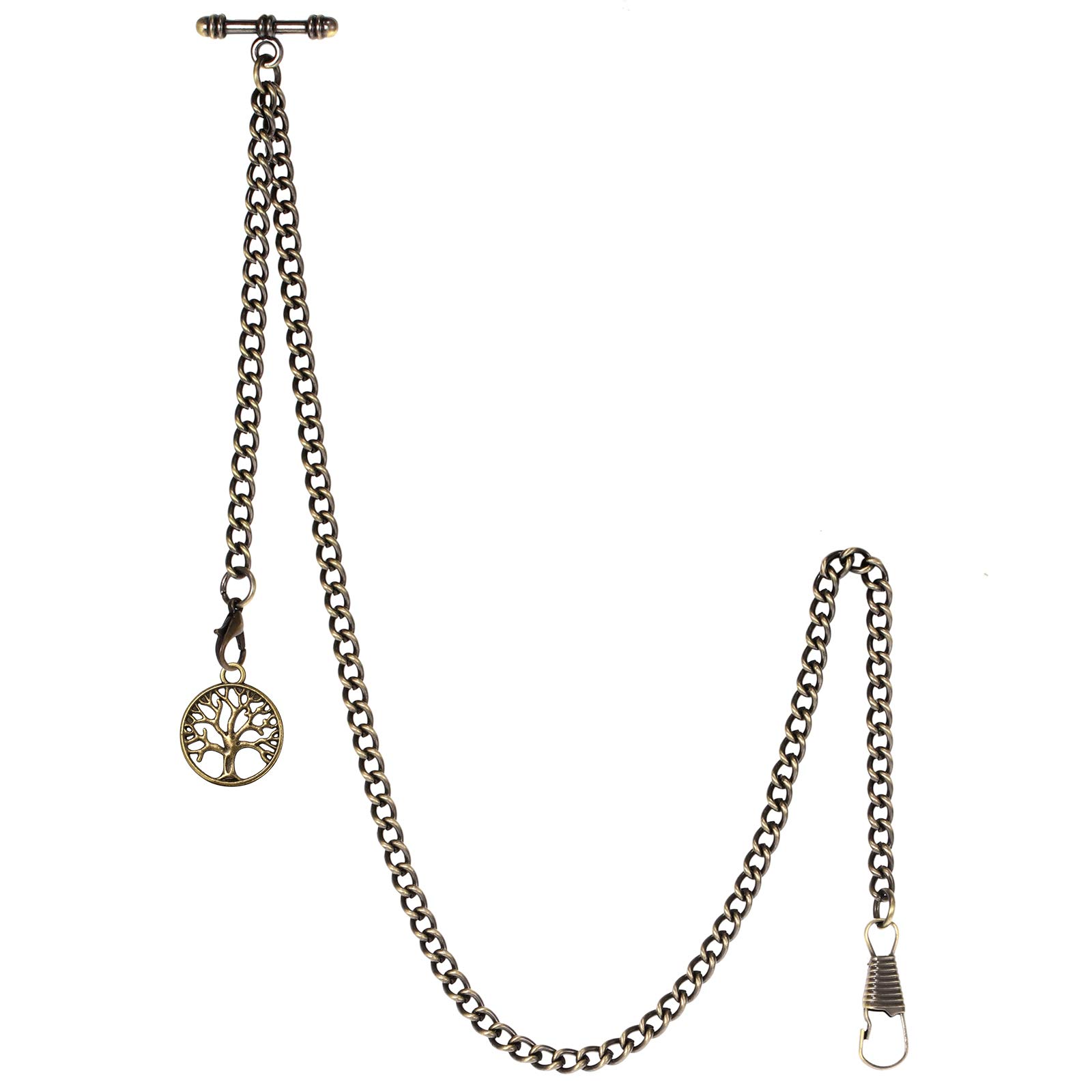 TREEWETO Men's Albert Chain Pocket Watch Curb Link Key Chain 2 Hooks Bronze with Antique Life Tree Pendant Design Charm Fob T Bar