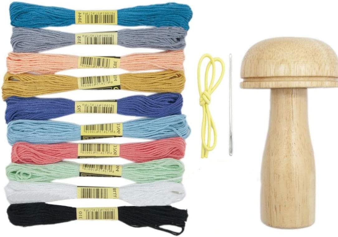 zalati Darning Mushroom Kits with 10pcs Colors Threads Wooden Tool with Strong Handle & Gradual Curvature for Sewing Threads Socks, Sweaters, Pants, Hats, Scarves