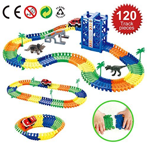 Belive Race Track Creat A Dinosaur World Race Car Falls Off Lift 120 Pieces Flexible Track With 4 Trees , 2 Dinosaur Toys