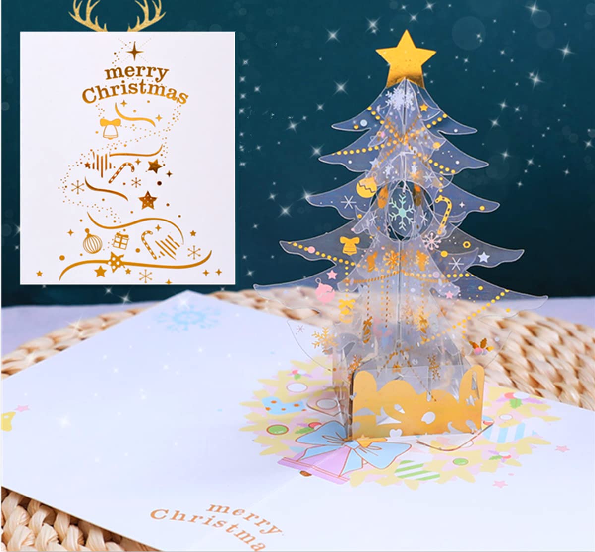 Pop Up Christmas Card,3D Crystal Christmas Tree Card, Christmas Greeting Card Folding Cards with Envelope