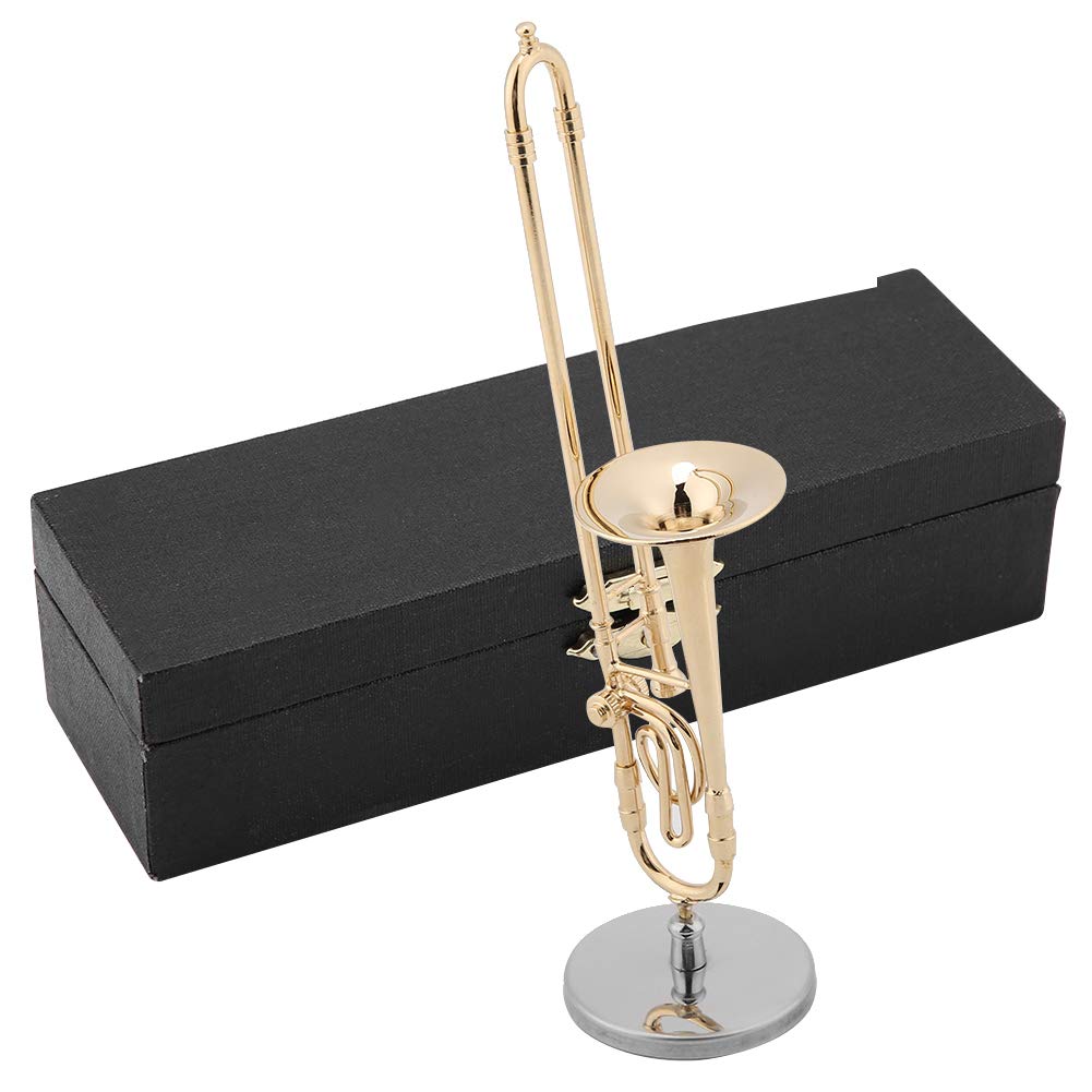 Hztyyier Brass Trombone Instrument Model, Golden, Novelty, with Wooden Gift Box and Stand, 6.3 x 1.6 x 1.6 in, Collectible-figurines
