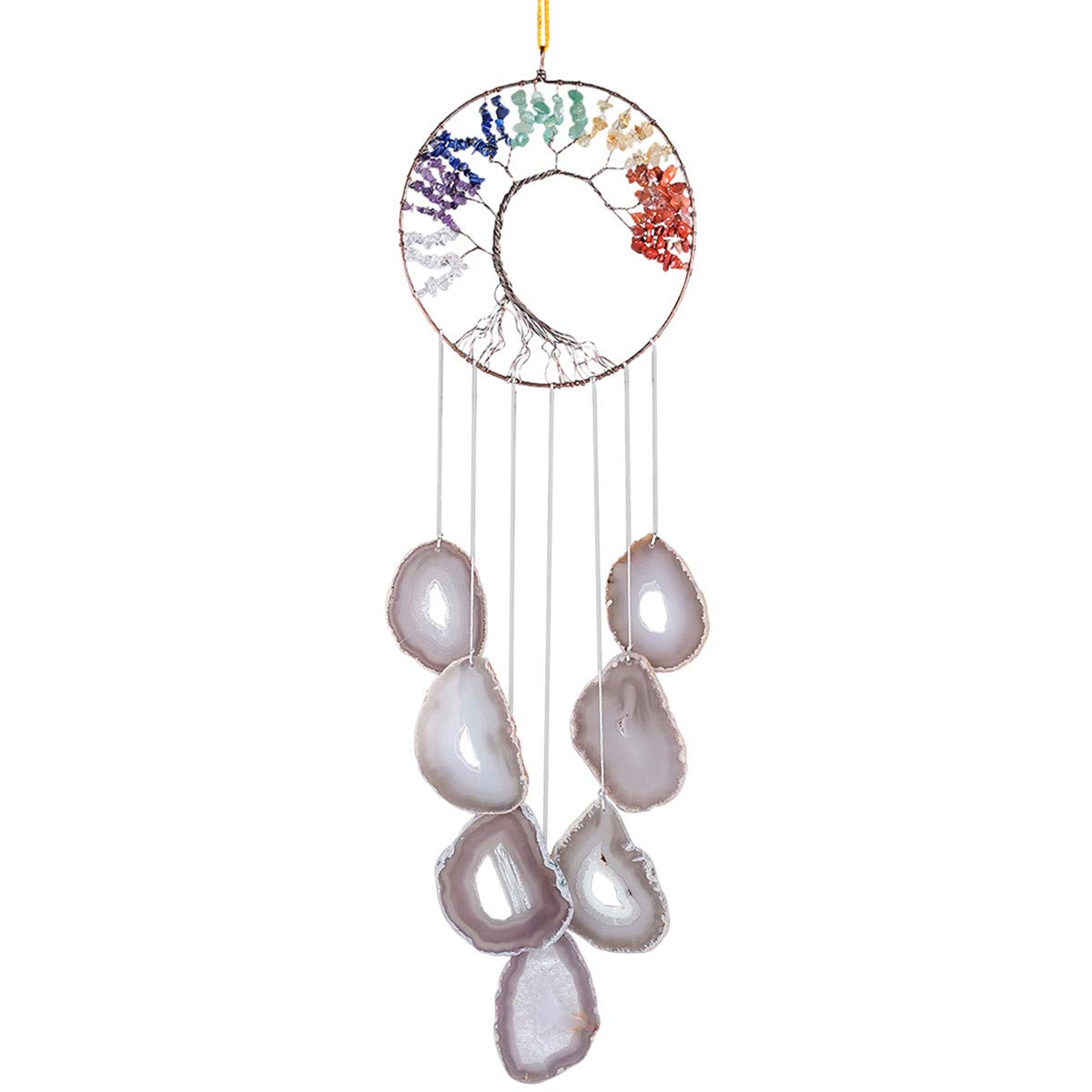 KYEYGWO 7 Chakra Healing Crystal Wall Hanging Ornament Handmade Tree of life with Natural Agate Slice Wind Chime for Window Home Wedding Souvenir Decoration