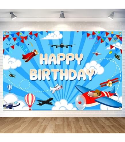 Avezano Airplane Birthday Banner - Blue & White, 70.8" X 43.3" Time Flies Theme Party Decoration - View #2