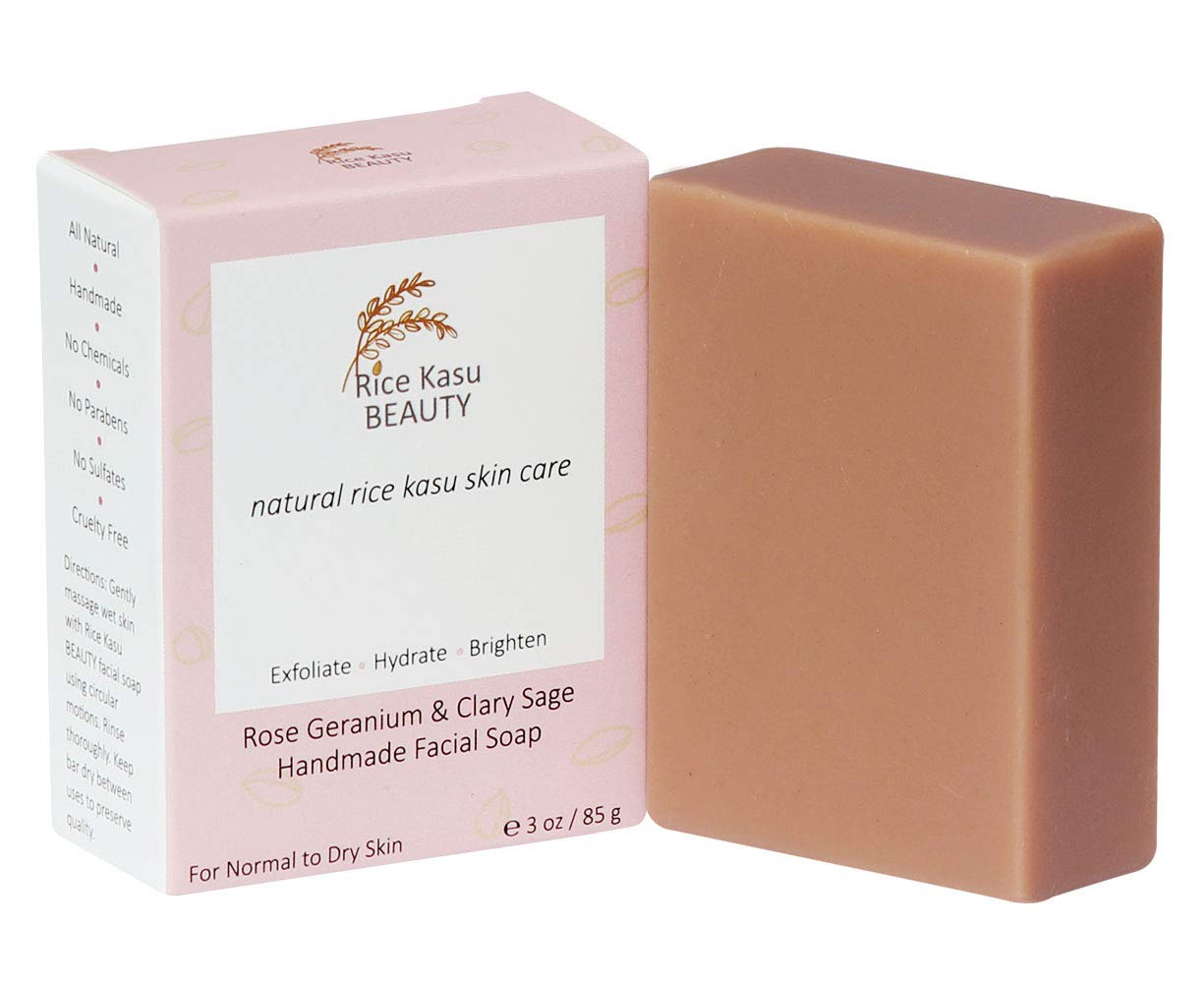 Rice Kasu Beauty Handmade Facial Soap, Rose Geranium & Clary Sage, 3 Ounce