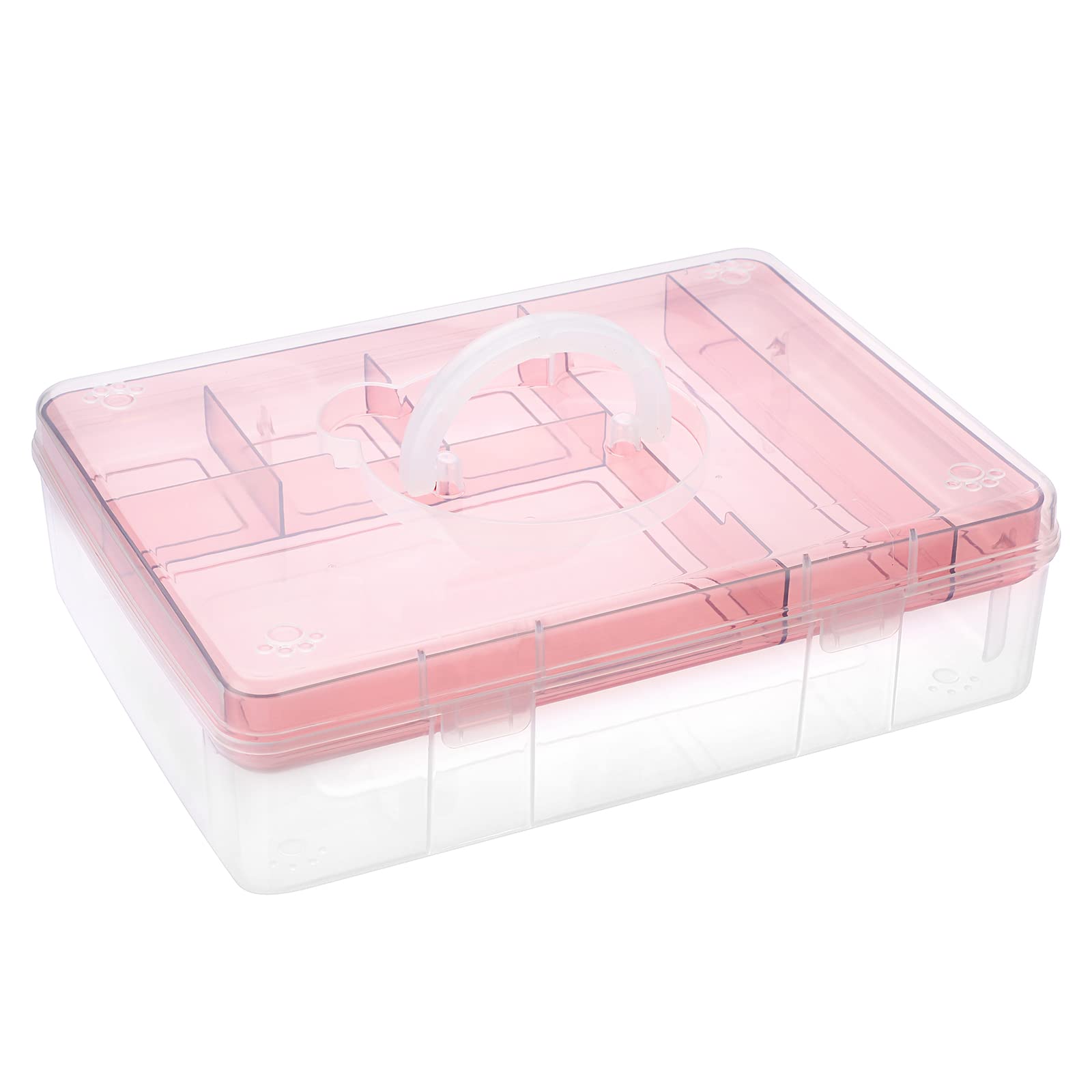 IGNPION Clear Craft Stackable Storage Box with Storage Tray Plastic 7-compartment Mulit Purpose Storage Container for Storing&Organising Toys, Arts&Crafts, Stationery, Sewing, Teaching Aid, Pink