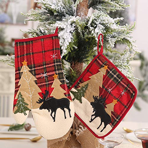 Homecube Christmas Cute Heat Resistant Oven Mitts and Pot Holders Set- Plaid Cotton Christmas Trees & Reindeer Hot Pads for Cooking and Baking Grilling Christmas Style