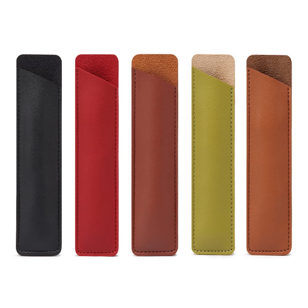 Set of 5 PU Leather Pen Case Holder for Single, Vintage Handmade Fountain Pen Pouch, Protective Sleeve Cover for Pencil, Ballpoint Pen (Black, Red, Brown, Dark Brown, Green)