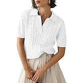 Women's Short Sleeve Sweaters V Neck Pullover Summer Tops Casual Solid Lapel Shirts Cable Knit Sweater