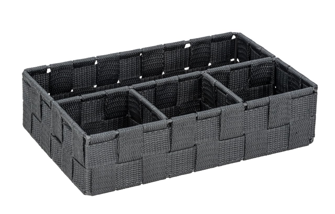 WENKO Adria Small Storage Basket with 4 Compartments, Anthracite, 26 x 6.5 x 17 cm