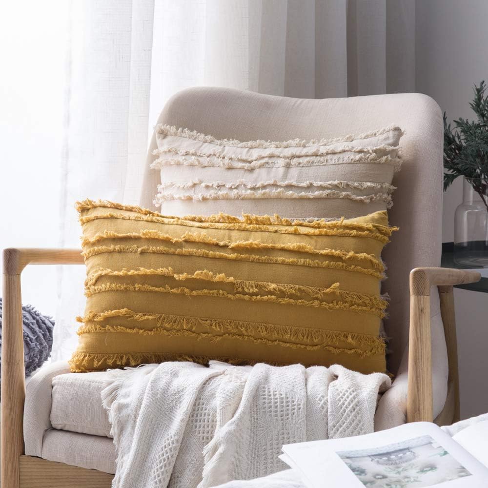 MIULEE Set of 2 Decorative Boho Throw Pillow Covers Cotton Linen Striped Jacquard Pattern Cushion Covers for Sofa Couch Living Room Bedroom 18x18 Inch Beige: Home & Kitchen