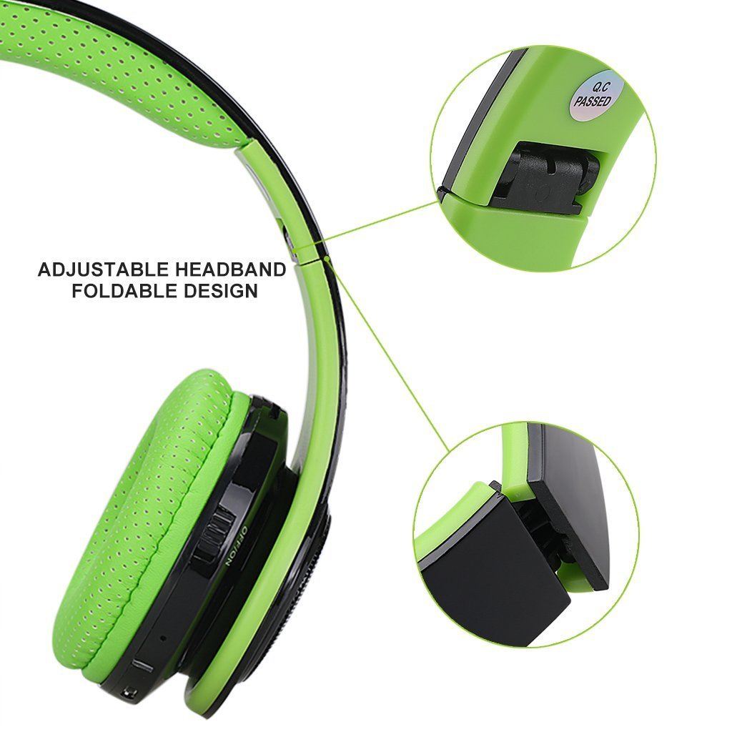 Excelvan Wireless LED Stereo Bluetooth Headphones Over Ear with Mic for Kids Children Women Men, Portable Headset Noise Isolating Headphone for iPhone 7 7plus 6s 6 5s, iPad, Samsung Galaxy (Green)