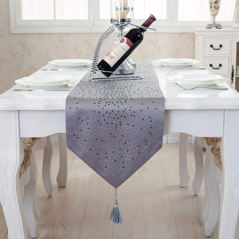 Amidaky Luxury Damask Silk Table Runner Gray, Silver