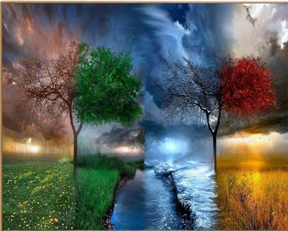 YEESAM ART Paint by Numbers for Adults Beginners Four Seasons Tree 16x20 inch Linen Canvas Acrylic DIY Number Painting Kits Wall Art Decor Gifts
