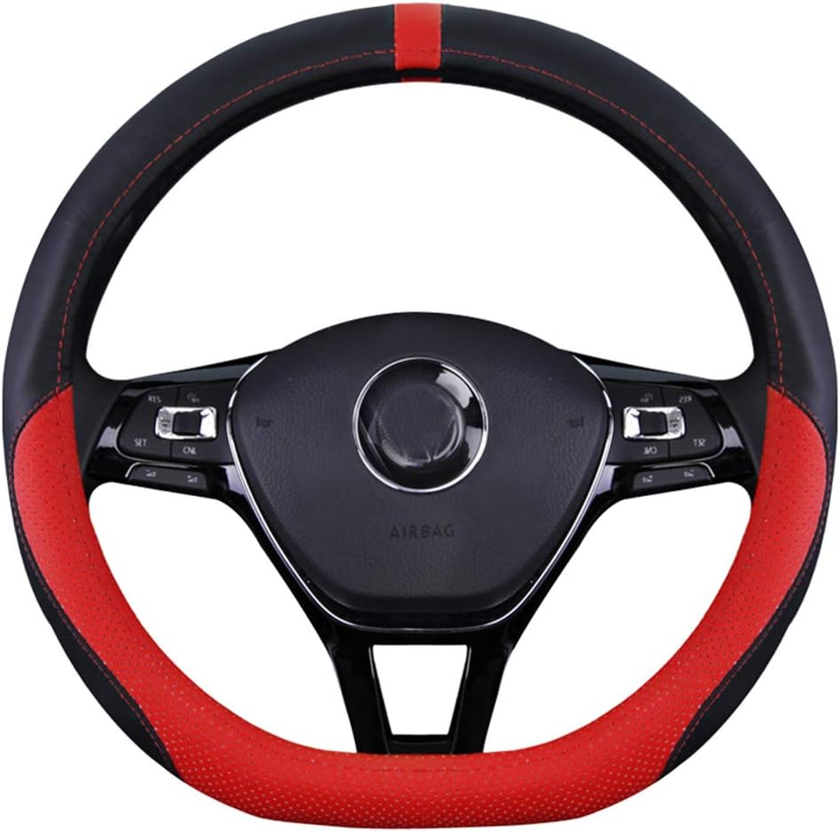 D Shaped Steering Wheel Cover,Cowhide Leather 3D Breathable Flat Bottom Shaped Steering Wheel Cover for Women Men 14.5In - 15In,Black,Red