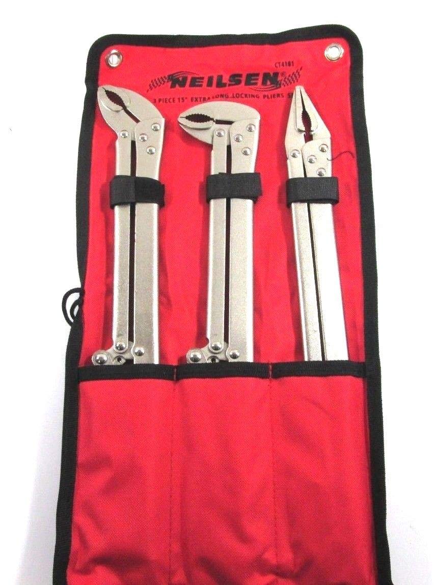 Neilsen CT4181-3pc 15in Locking Pliers Set | Straight, 45° & 90° Jaws | Extra Long Reach for Difficult Access | High Carbon Steel with Nickel Plated Finish
