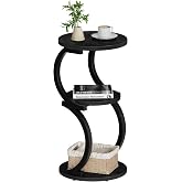 JUSTOGO Small Side Table, 3-Tier Round End Table for Small Spaces, Black | S-Shaped Accent Table, Living Room &amp; Bedroom, Beside Sofa, Vintage Nightstand, Wood &amp; Metal Frame, Open Storage