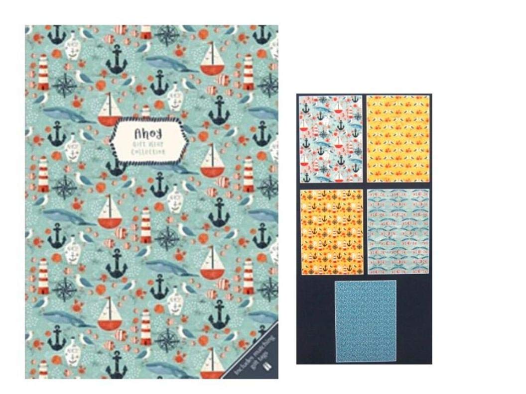 Decorative Gift Wrap Paper and Gift Tags Collection Set - Ahoy Sailing Design - 10 Sheets and 22 Gift Tags