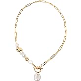 BEMDOFIG Gold Cuban Chain Necklace Baroque Pearl Necklace 14K Gold Plated Rose Gold Plated Freshwater Pearl Necklace Daily Jewelly for Women