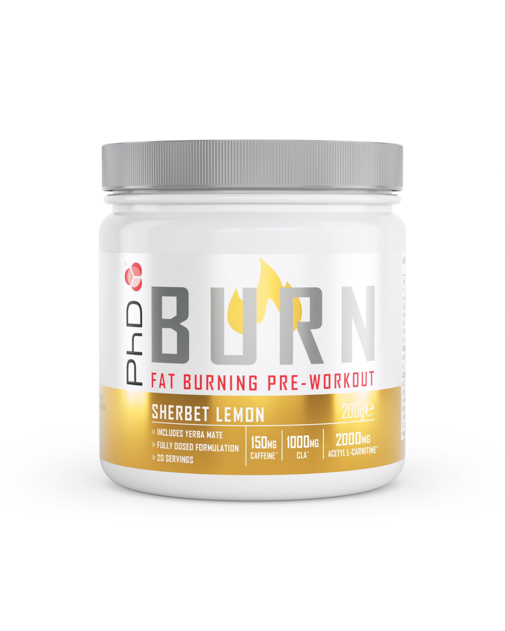PhD Burn Pre Workout Powder with L Carnitine for Women and Men, Rich in CLA, High Caffeine for pre-Workout, Sherbert Lemon Flavour, 20 Servings (200g)