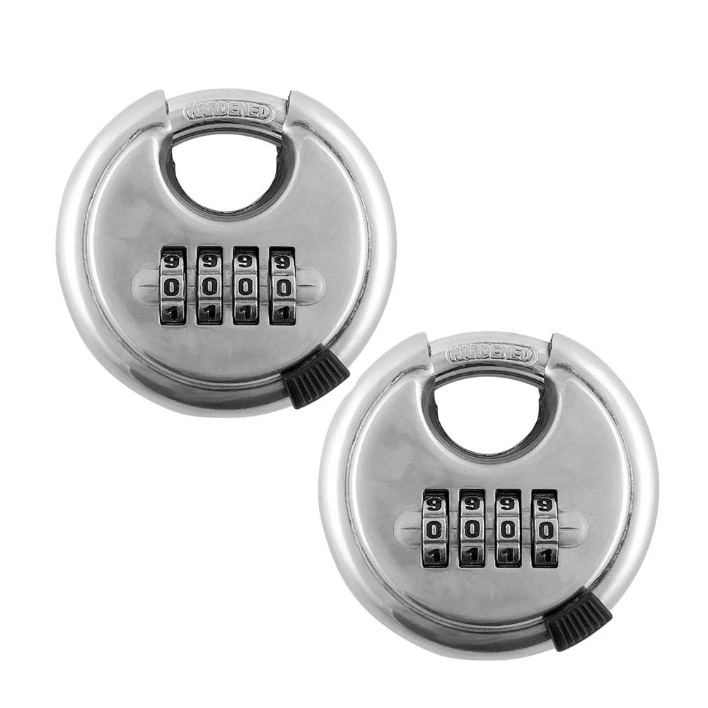 QWORK® 2 Pack Stainless Steel Disc Padlock with 4 Digit for Warehouse, Sheds, Storage Unit