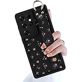 LSL Compatible with Samsung Galaxy S25 Ultra Silicone Phone Case with Strap for Women Girls, Floral Flowers Cute Pattern, Soft Wristband Kickstand Camera Protection Cover(Black Florals)