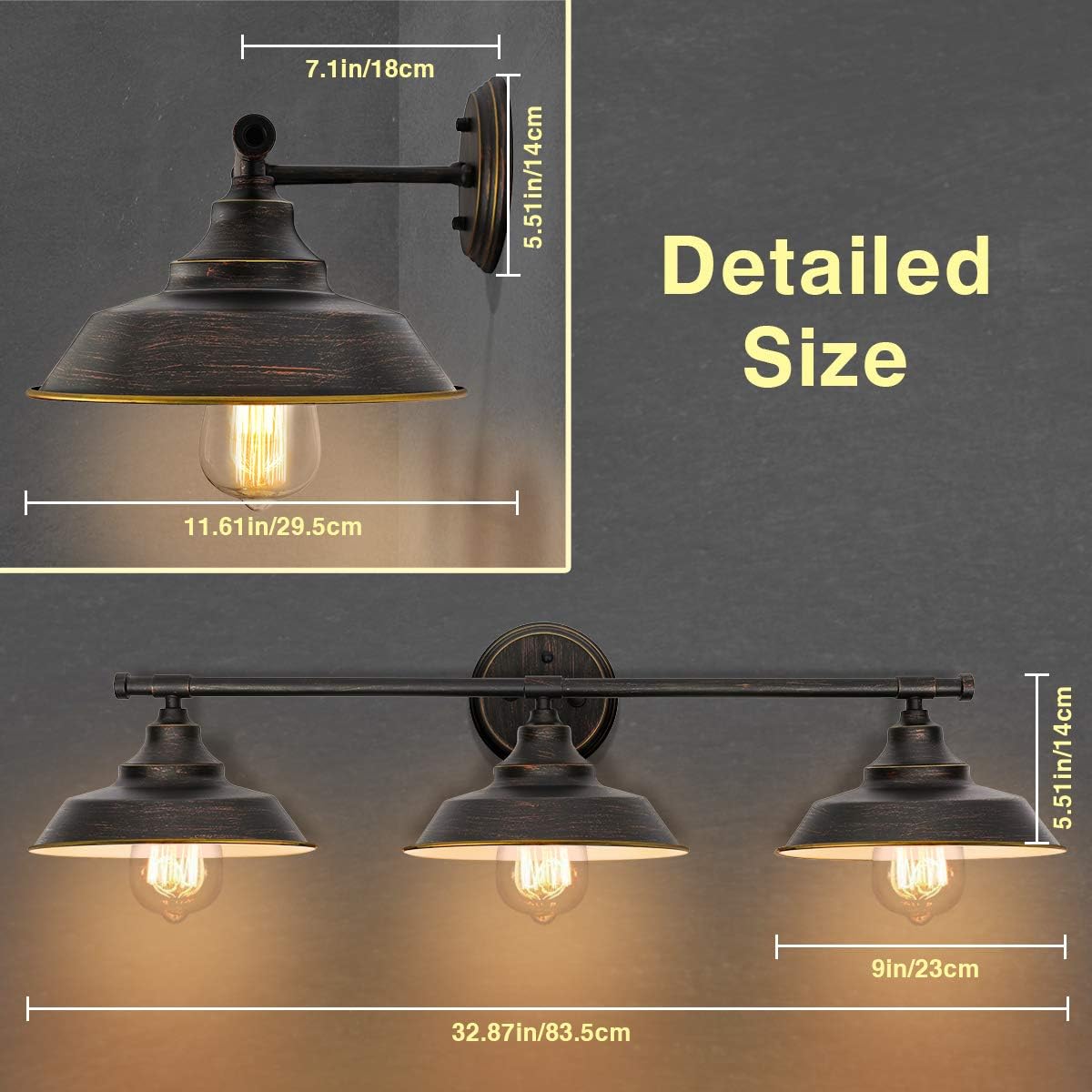 KingSo Bathroom Vanity Light 3 Light Wall Sconce Fixture Industrial Indoor Wall Mount Lamp Shade for Bathroom Kitchen Living Room Workshop Cafe - - 