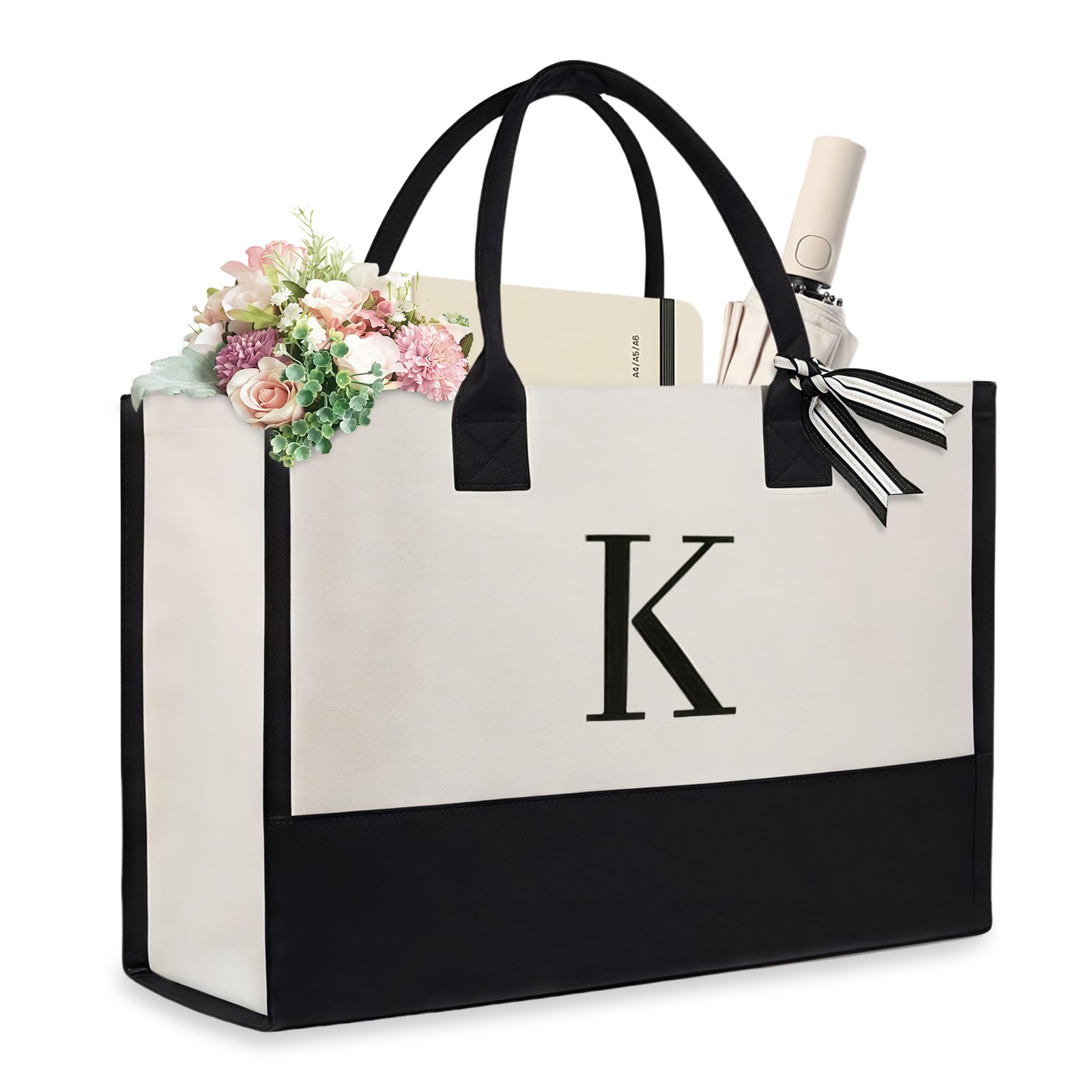 Aucuu Initial Canvas Beach Bag, Canvas Tote Bag, Work Tote Bag, Reusable Grocery Bags with Zipper Pockets, Personalized Gifts for Mom Teacher Friends Letter K
