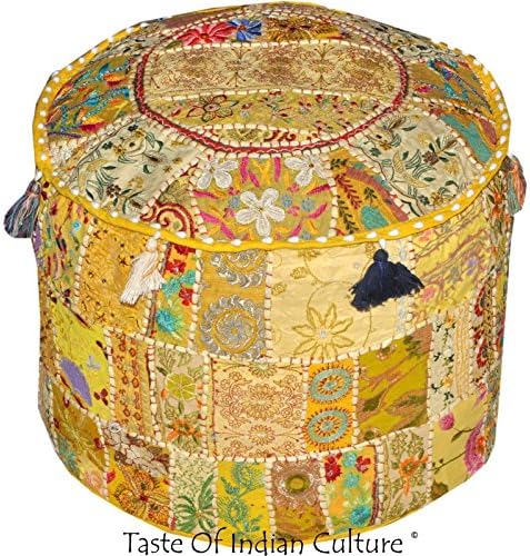 18" Yellow Round Ottoman Pouf Stool Chair Handmade Pouffe Indian Bohemian Decor