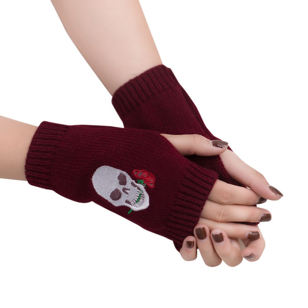 Women Skeleton Knit Half Finger Gloves,Crytech Fashion Winter Warm Skull Rose Embroideried Knitted Fingerless Gloves Mittens for Lady Girls Riding Typing Texting Hand Warmer