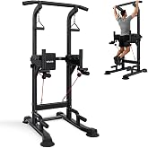 VEVOR Pull Up Bar, 330 LBS Power Tower Dip Station, Workout Dip Station with H-Shaped Stable Base &amp; Back Pad, Adjustable 12 Level Height Free Standing Chin Up Bar for Back, 4-Level Adjustable Back Pad