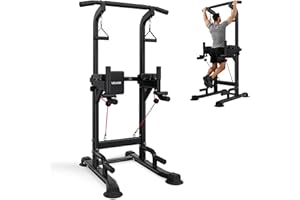 VEVOR Pull Up Bar, 330 LBS Power Tower Dip Station, Workout Dip Station with H-Shaped Stable Base & Back Pad, Adjustable 12 L